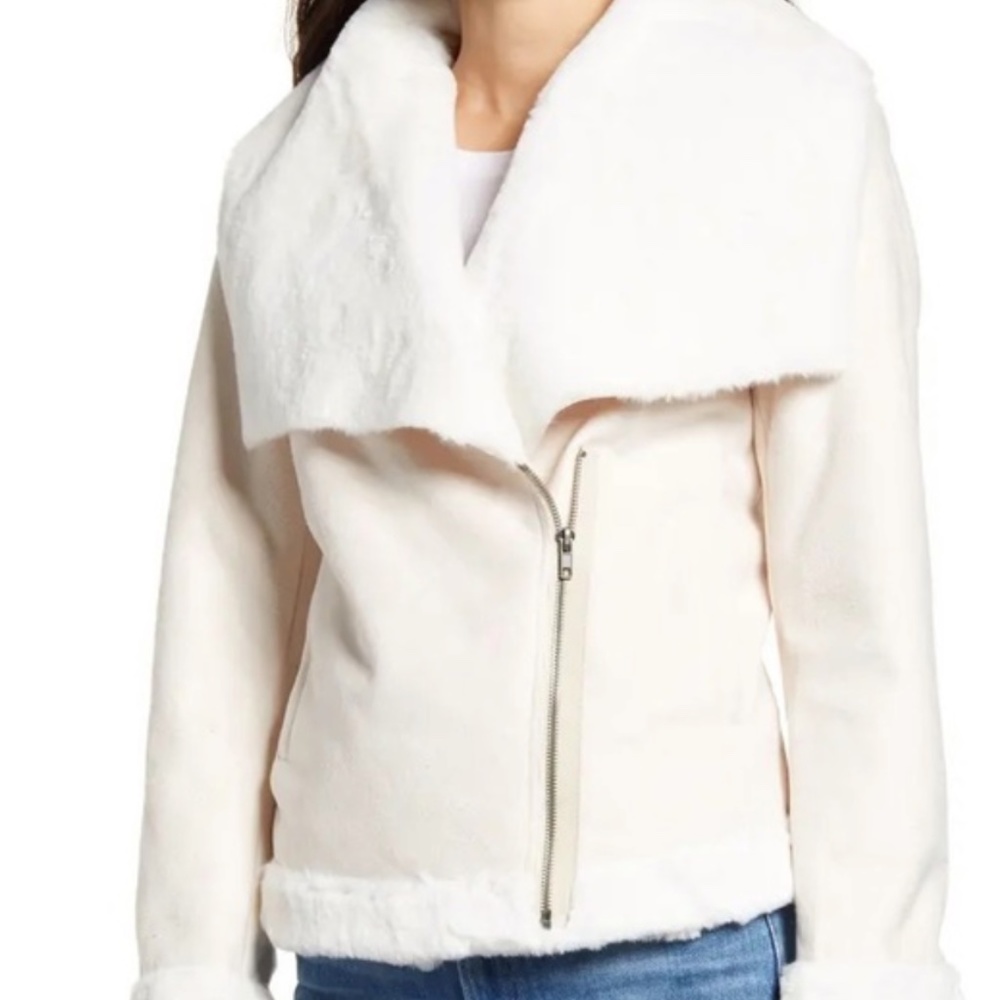 Cupcakes & Cashmere Faux Suede & Fleece‎ Draped neck Moto Jacket, S
